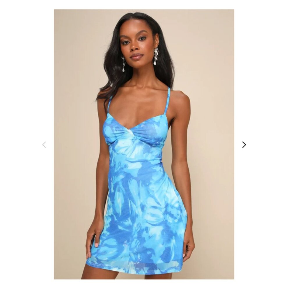 Lulus Ethereal Cutie Blue Floral Abstract Mesh Lace-up Mini Dress - Size M